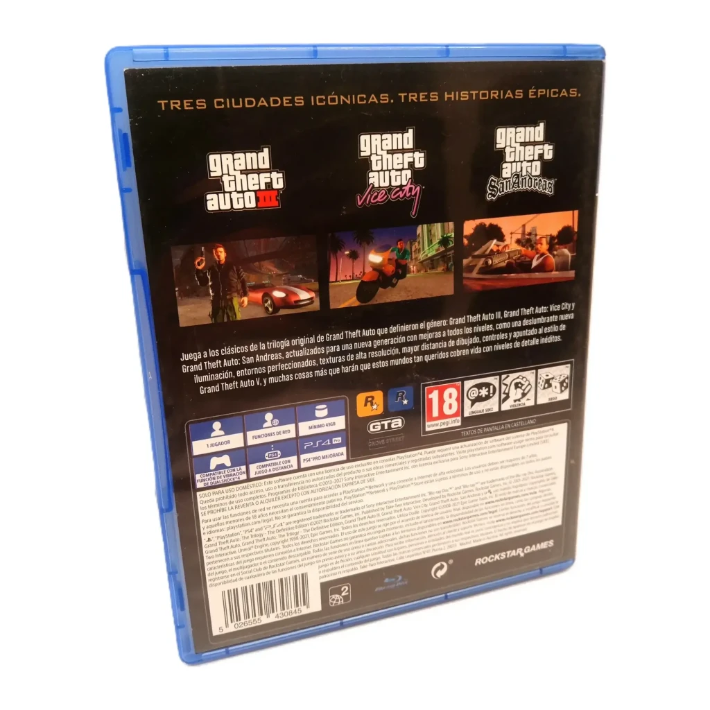 Jogo da Rockstar Games «Grand Theft Auto: The Trilogy – Definitive Edition» para PS4, vista traseira: caixa com logos de GTA