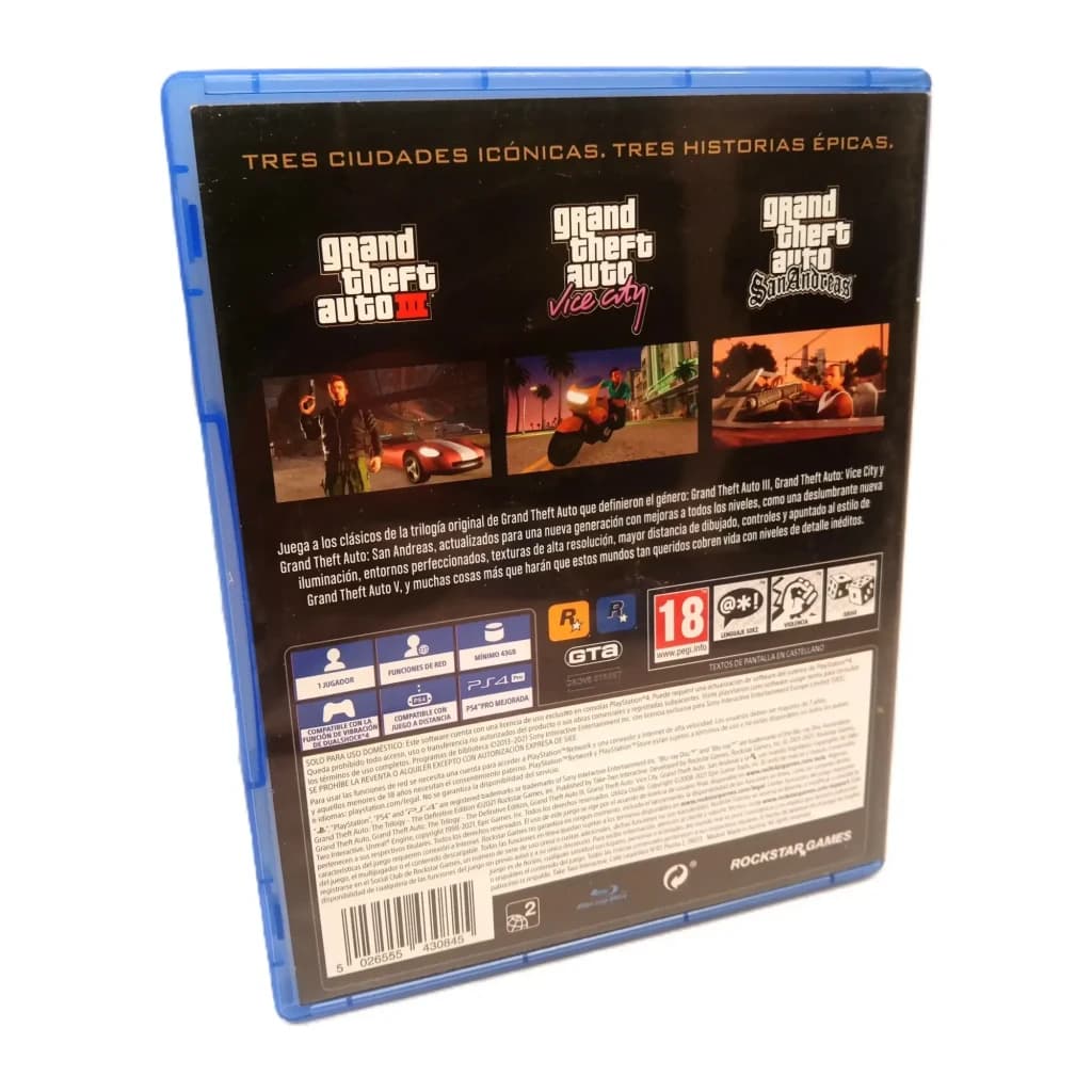 Jogo da Rockstar Games «Grand Theft Auto: The Trilogy – Definitive Edition» para PS4, vista traseira: caixa com logos de GTA