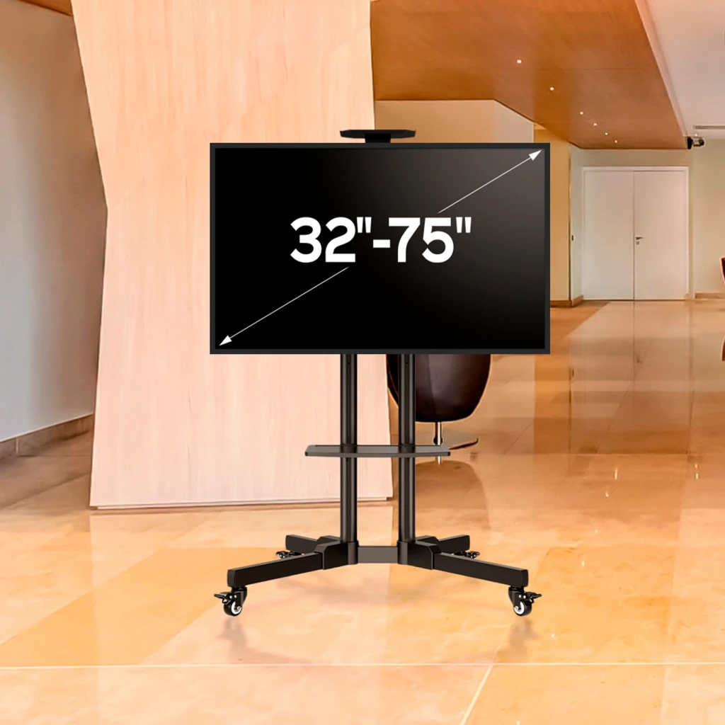Suporte TV UNYKAch UK501 Preto Chão Móvel Inclinável ±15° 32 polegadas-75 polegadas VESA 600x400, em uso: suporte com TV