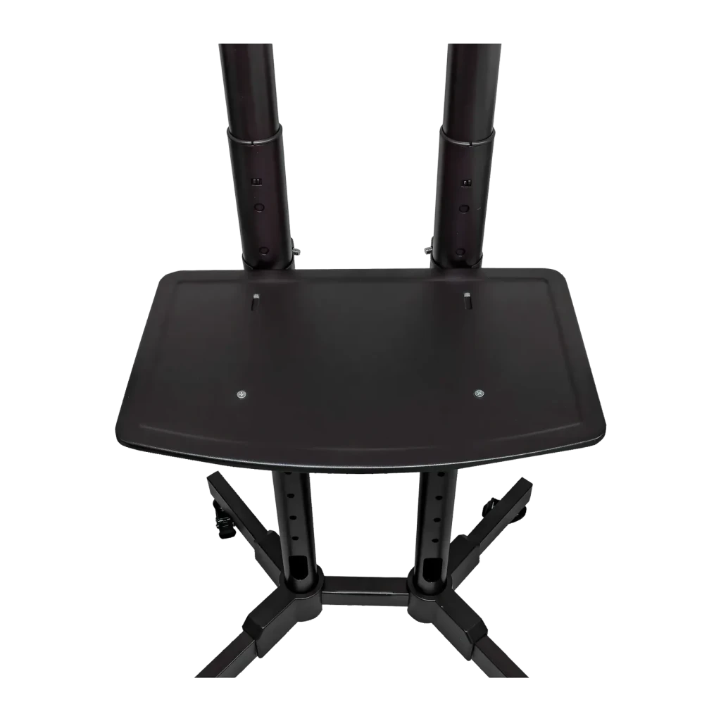 Suporte TV UNYKAch UK501 Preto Chão Móvel Inclinável ±15° 32 polegadas-75 polegadas VESA 600x400, detalhe: prateleira