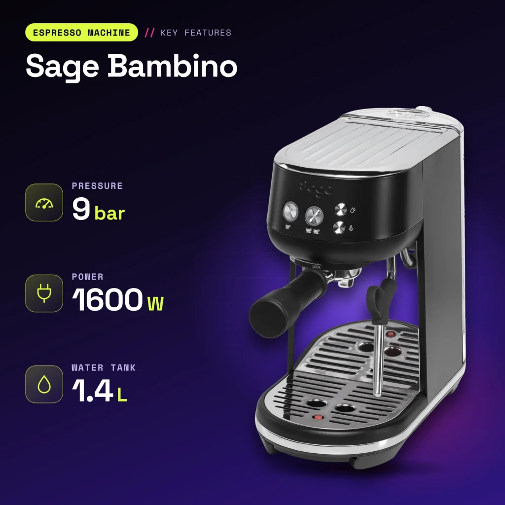 Cafetera Espresso Sage Bambino 1,4L Espumador de leche 9bar Negro - características
