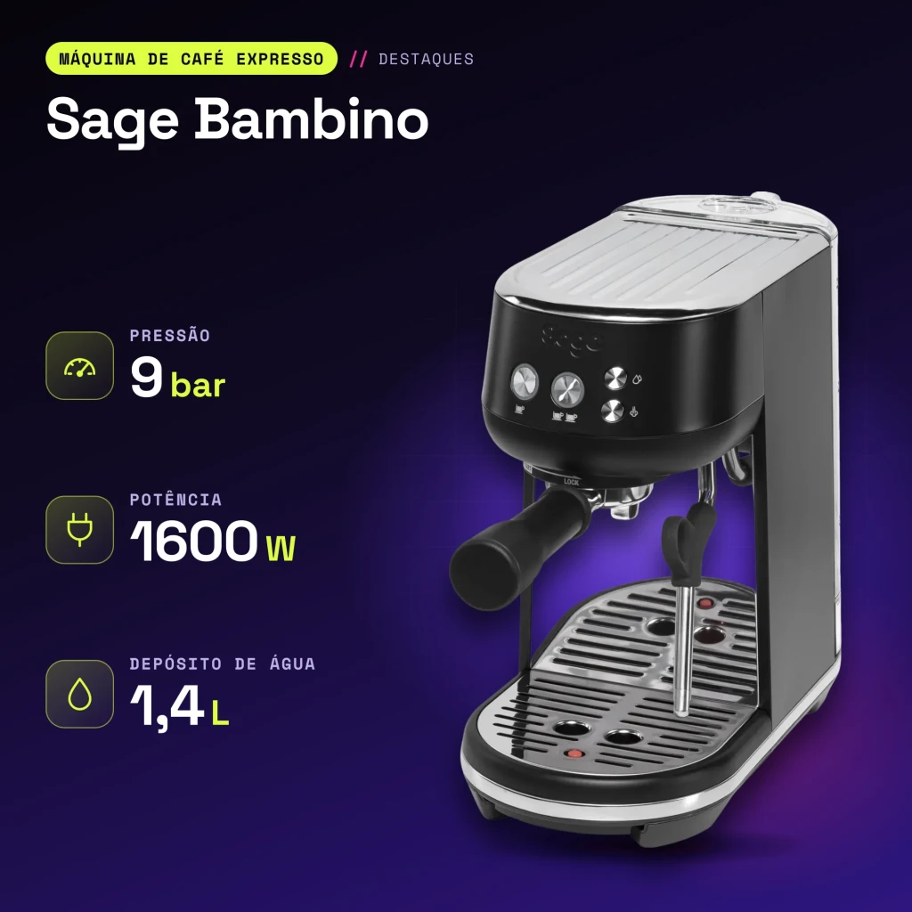 Cafetera Espresso Sage Bambino 1,4L Espumador de leche 9bar Negro - características