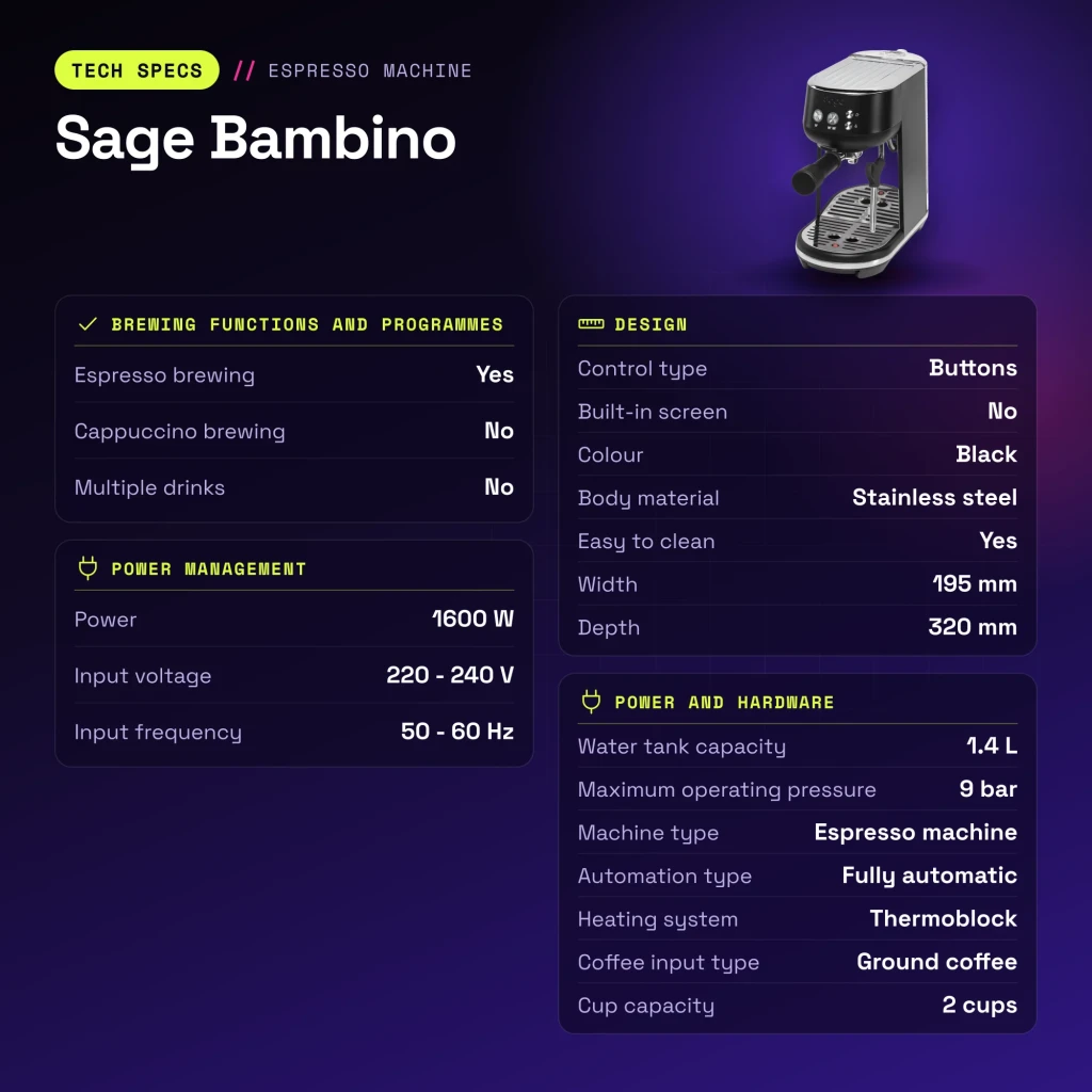 Cafetera Espresso Sage Bambino 1,4L Espumador de leche 9bar Negro - características