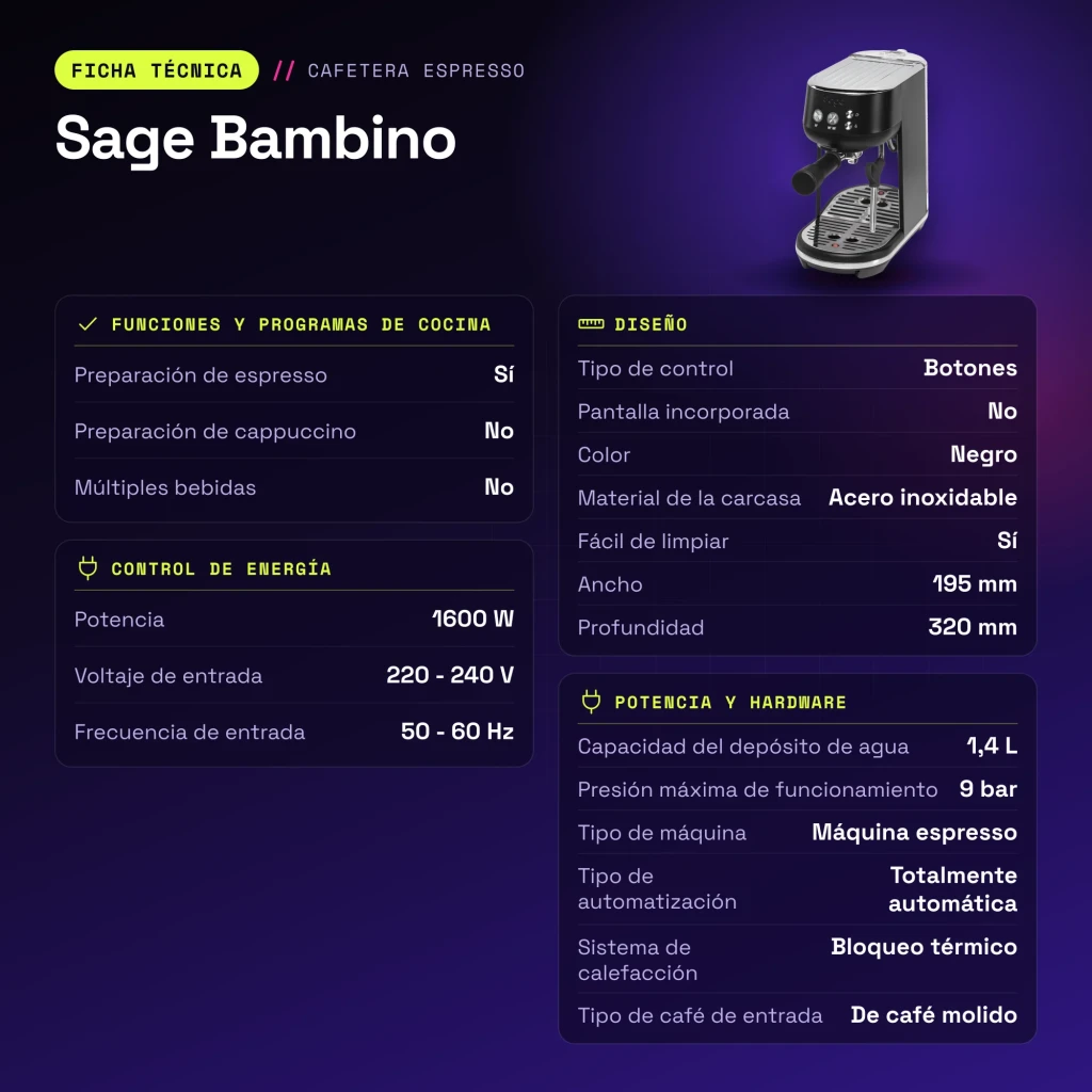 Cafetera Espresso Sage Bambino 1,4L Espumador de leche 9bar Negro - características