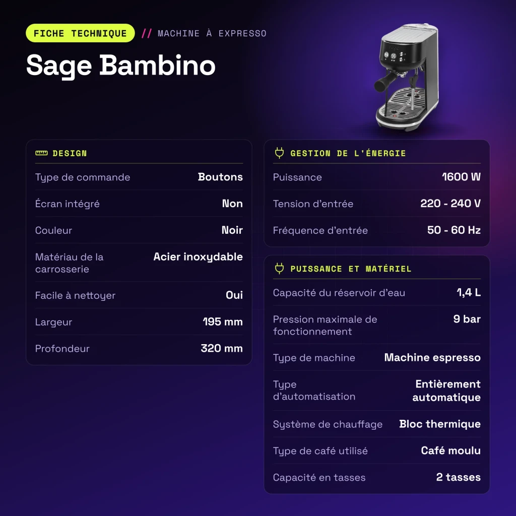 Cafetera Espresso Sage Bambino 1,4L Espumador de leche 9bar Negro - características
