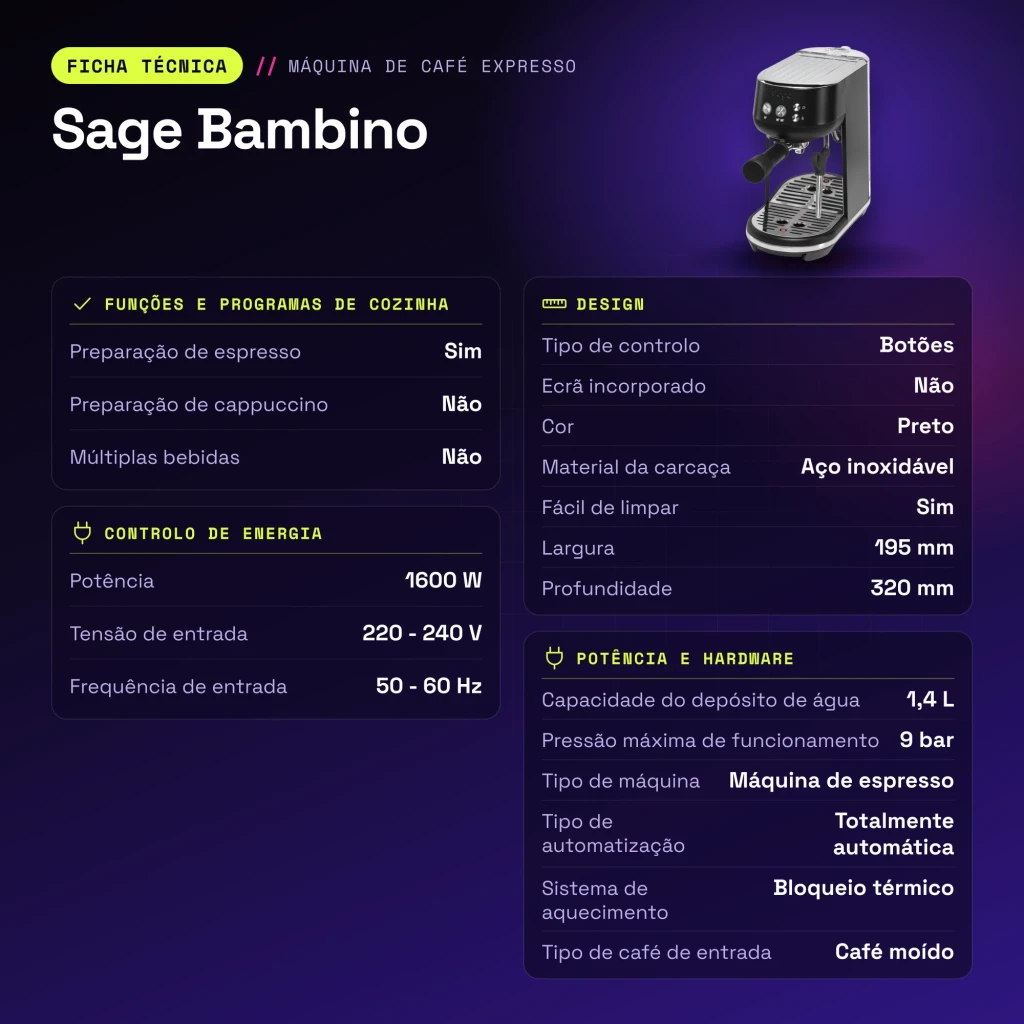 Cafetera Espresso Sage Bambino 1,4L Espumador de leche 9bar Negro - características