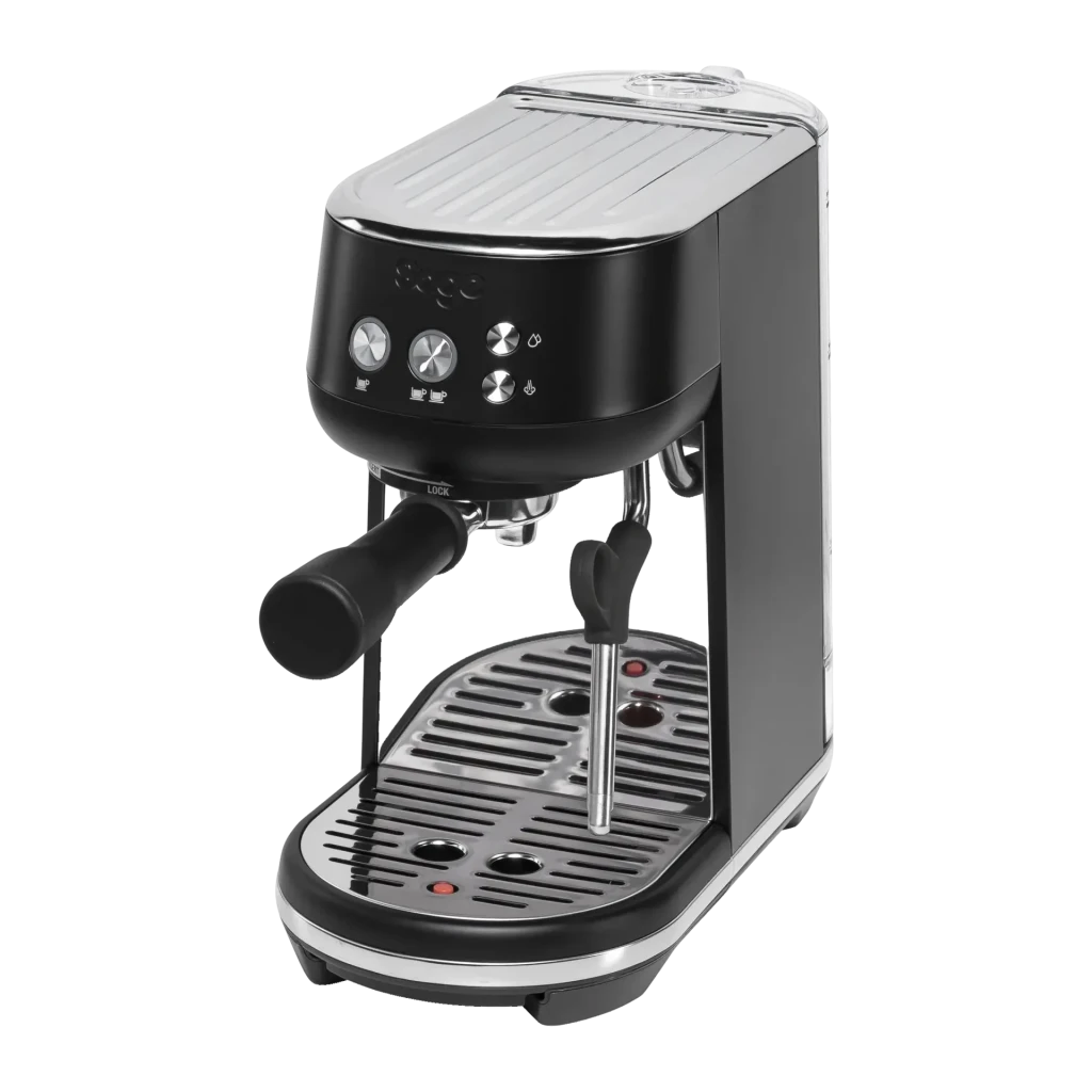Cafetera Espresso Sage Bambino 1,4L Espumador de leche 9bar Negro, vista frontal: cuerpo negro mate con mandos cromados