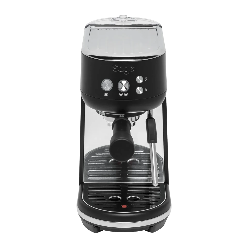 Cafetera Espresso Sage Bambino 1,4L Espumador de leche 9bar Negro, detalle frontal: panel de botones cromados, portafiltro