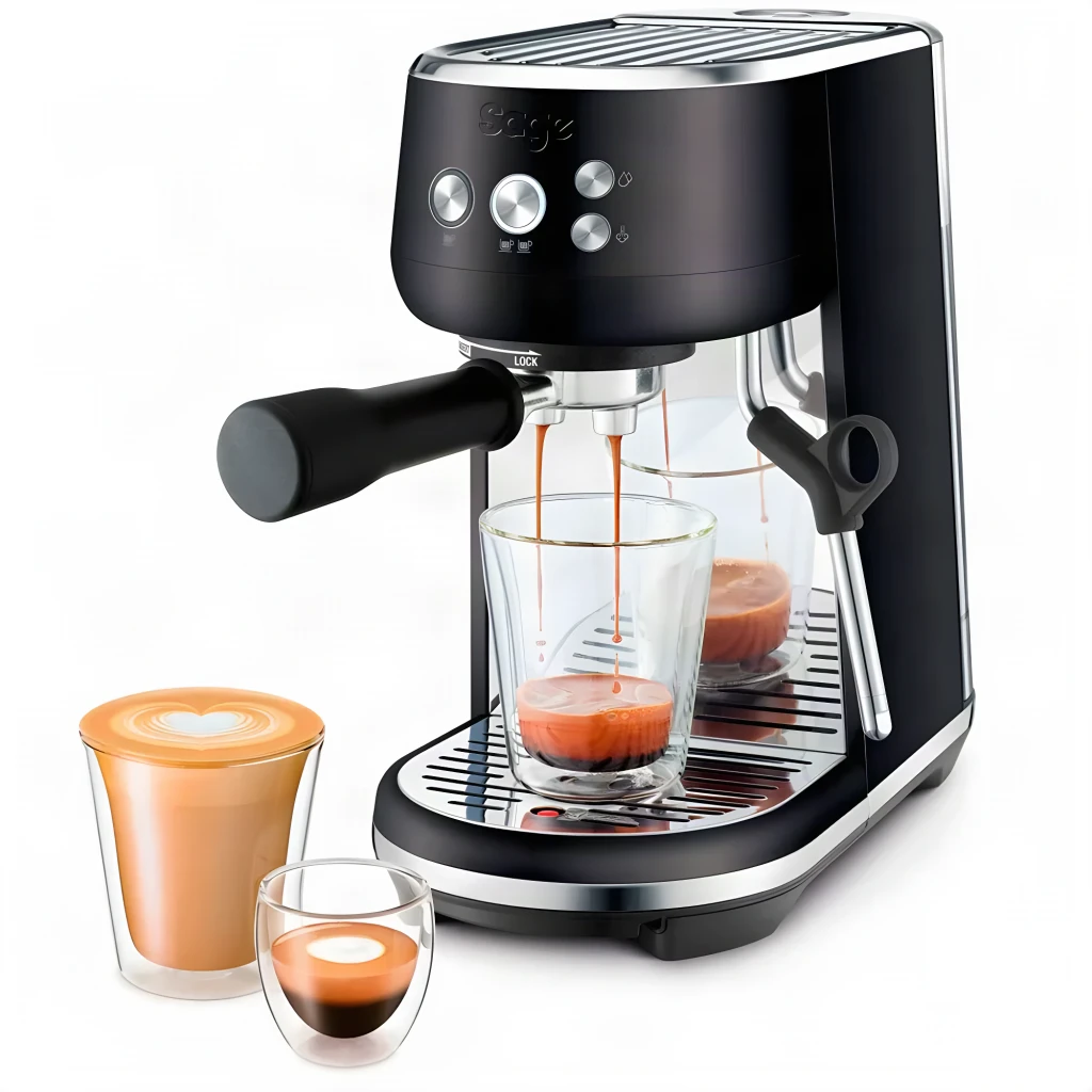 Cafetera Espresso Sage Bambino 1,4L Espumador de leche 9bar Negro, en uso: extracción de espresso en vaso con tazas de latte