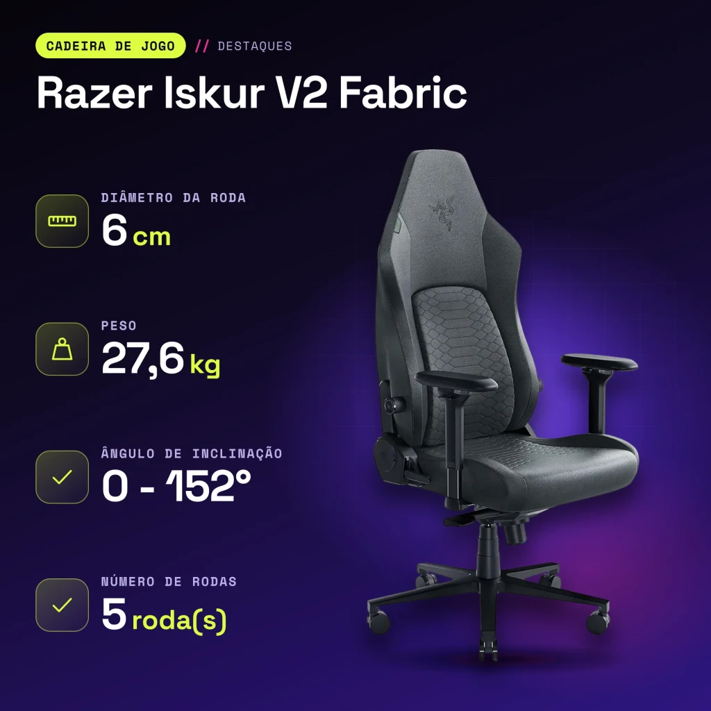 Chaise Gaming Razer Iskur V2 Fabric Gris Tissu 4D 136 kg - caractéristiques
