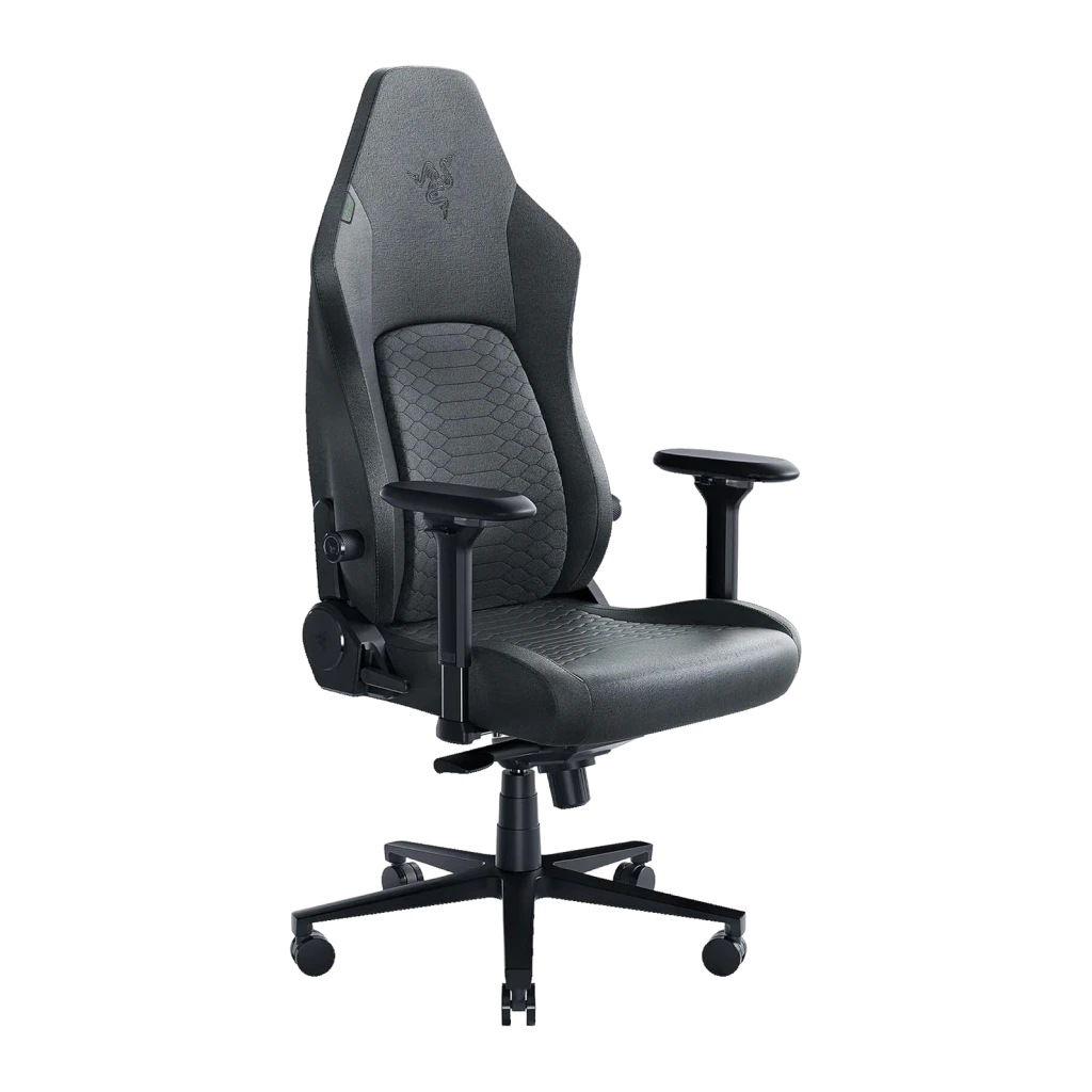 Chaise Gaming Razer Iskur V2 Fabric Gris Tissu 4D 136 kg, vue de face: motif hexagonal sur tissu, accoudoirs 4D et logo