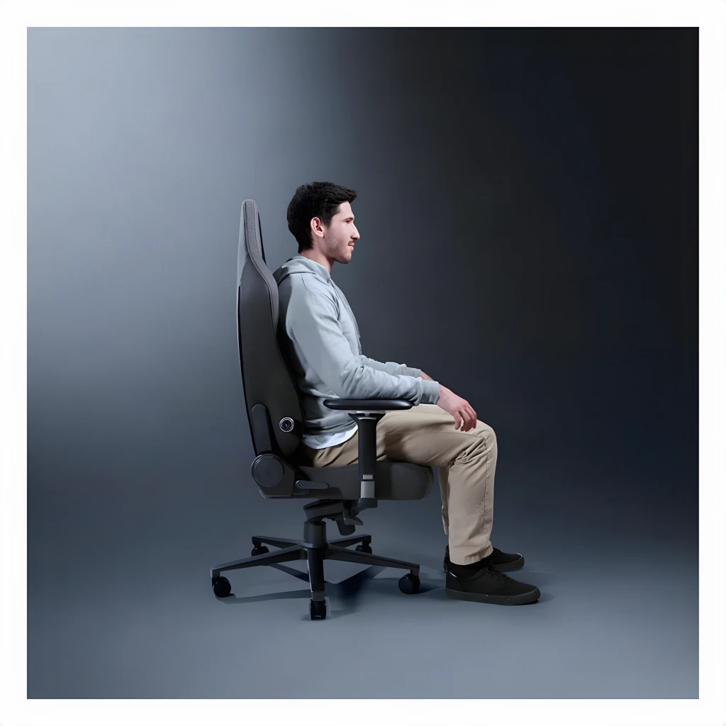 Chaise Gaming Razer Iskur V2 Fabric Gris Tissu 4D 136 kg, en utilisation: homme assis de profil, dossier haut et accoudoirs