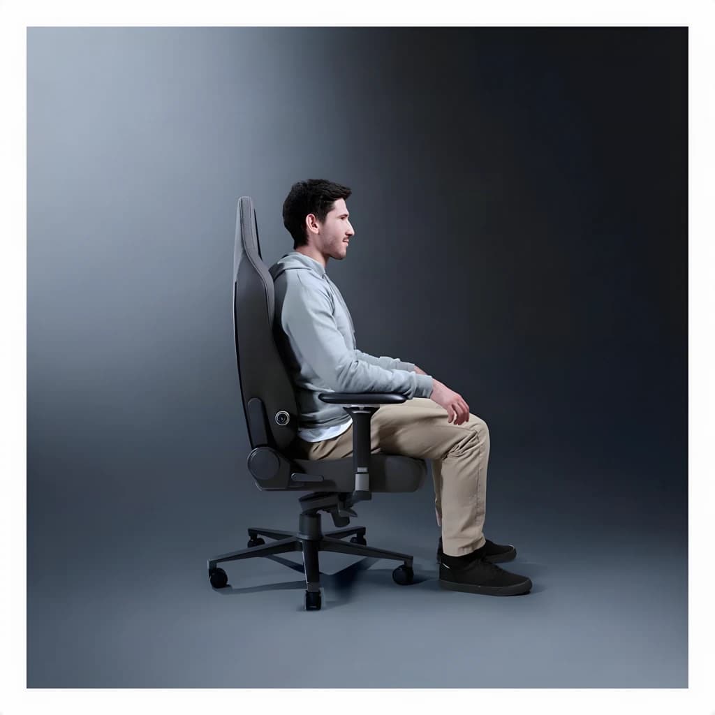 Chaise Gaming Razer Iskur V2 Fabric Gris Tissu 4D 136 kg, en utilisation: homme assis de profil, dossier haut et accoudoirs