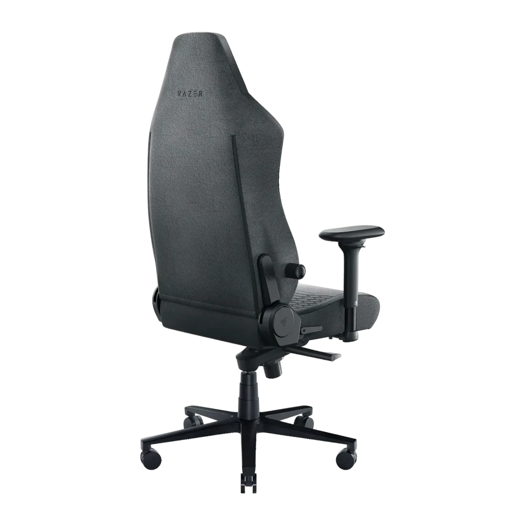 Chaise Gaming Razer Iskur V2 Fabric Gris Tissu 4D 136 kg, vue arrière: dossier haut avec logo Razer, accoudoirs 4D et base