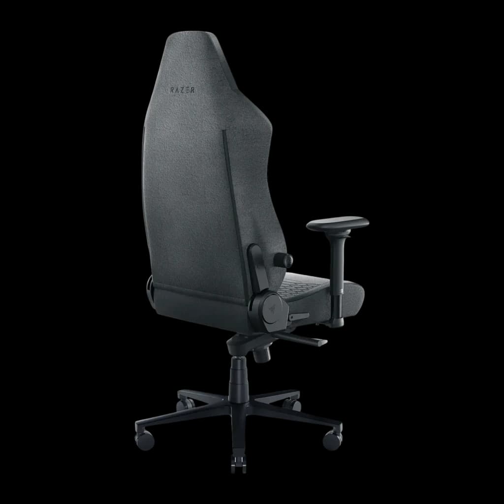 Chaise Gaming Razer Iskur V2 Fabric Gris Tissu 4D 136 kg, vue arrière: dossier haut avec logo Razer, accoudoirs 4D et base