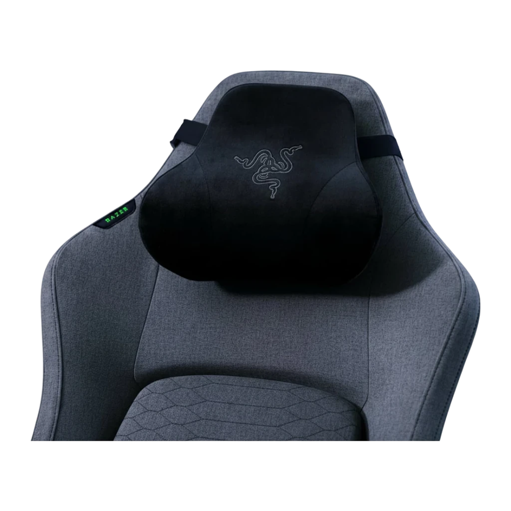 Chaise Gaming Razer Iskur V2 Fabric Gris Tissu 4D 136 kg, détail: coussin cervical noir avec logo Razer brodé sur dossier