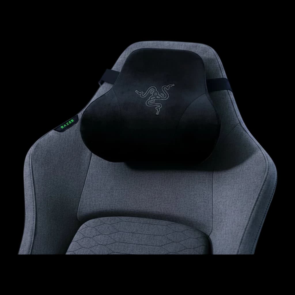 Chaise Gaming Razer Iskur V2 Fabric Gris Tissu 4D 136 kg, détail: coussin cervical noir avec logo Razer brodé sur dossier