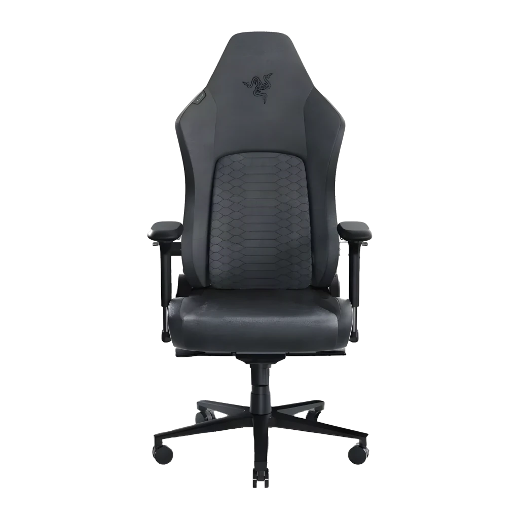 Chaise Gaming Razer Iskur V2 Fabric Gris Tissu 4D 136 kg, détail face avant: tissu losange, logo serpent et accoudoirs 4D