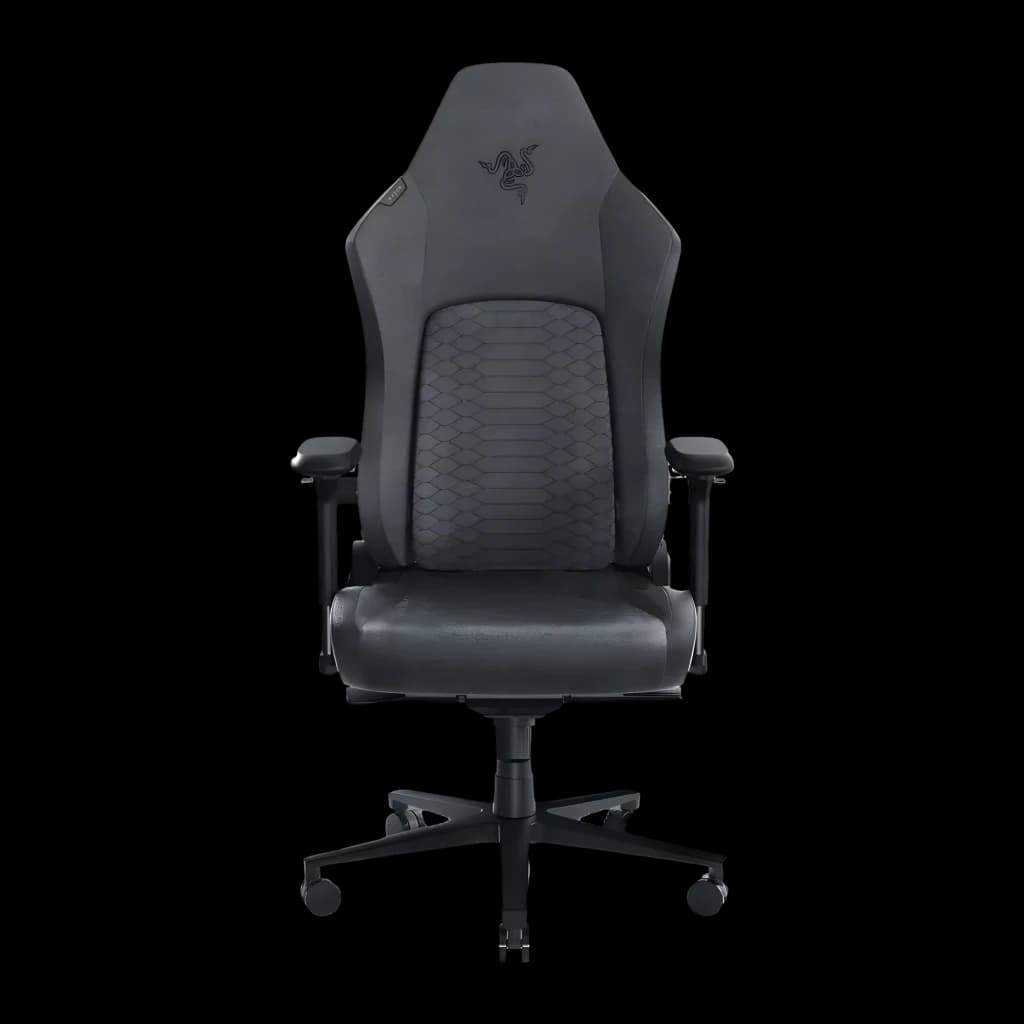 Chaise Gaming Razer Iskur V2 Fabric Gris Tissu 4D 136 kg, détail face avant: tissu losange, logo serpent et accoudoirs 4D
