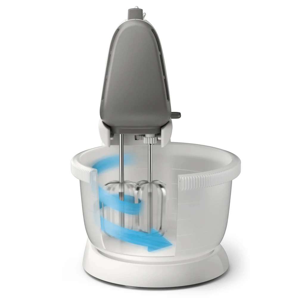 Batedeira de varas Philips Daily 3L 450W 5 Velocidades Branco HR3745/00, vista frontal: varas no bowl com setas azuis