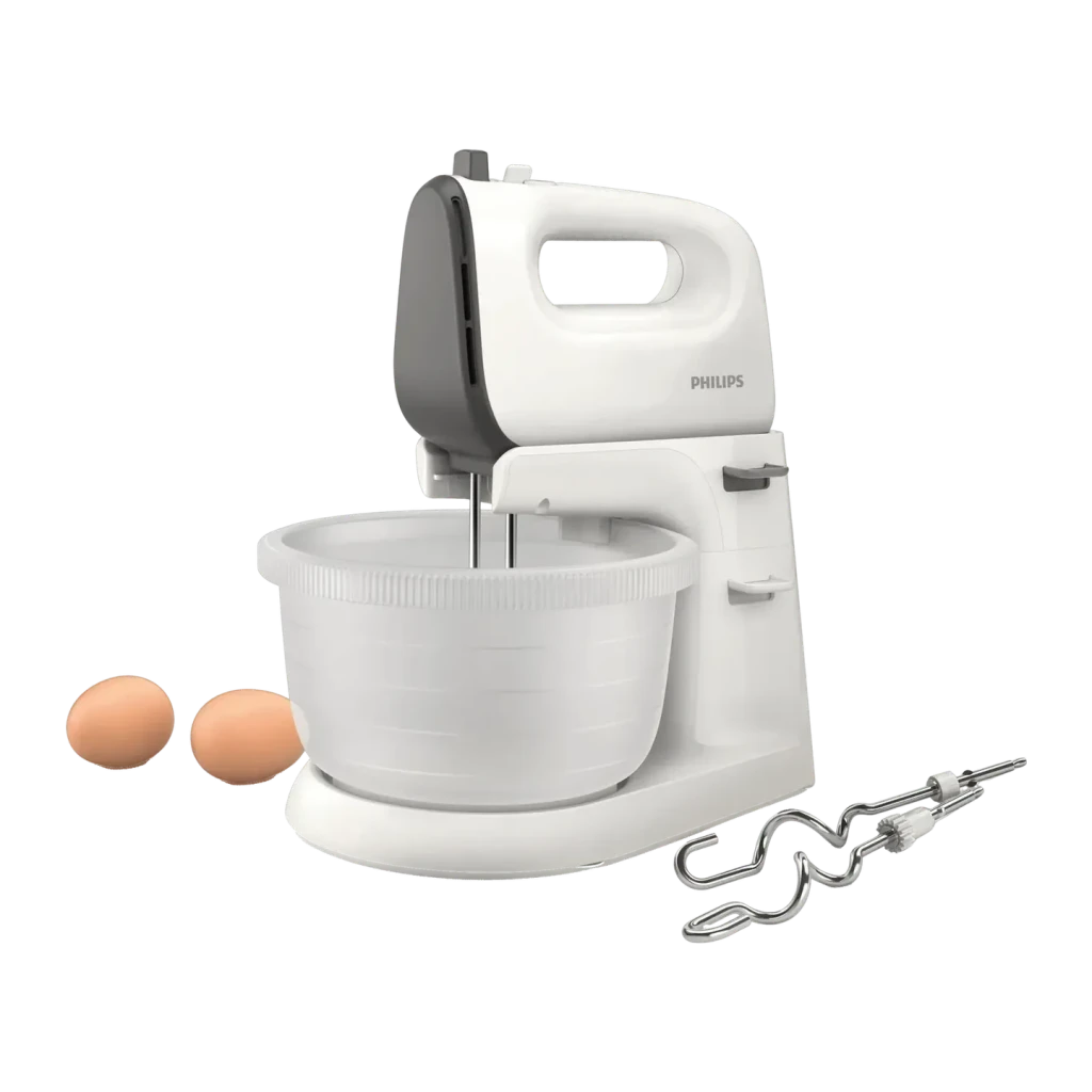 Batedeira de varas Philips Daily 3L 450W 5 Velocidades Branco HR3745/00, detalhe: varas e gancho amassador com tigela e dois