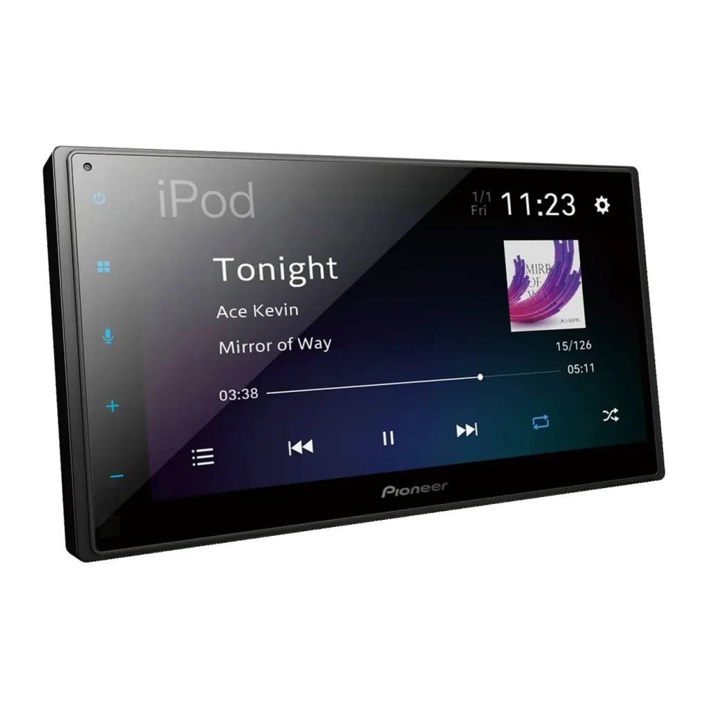 Autorádio Pioneer Preto CarPlay Android Auto DAB+ 6.8 polegadas SPH-DA360DAB, detalhe: ecrã tátil com reprodução iPod ativa