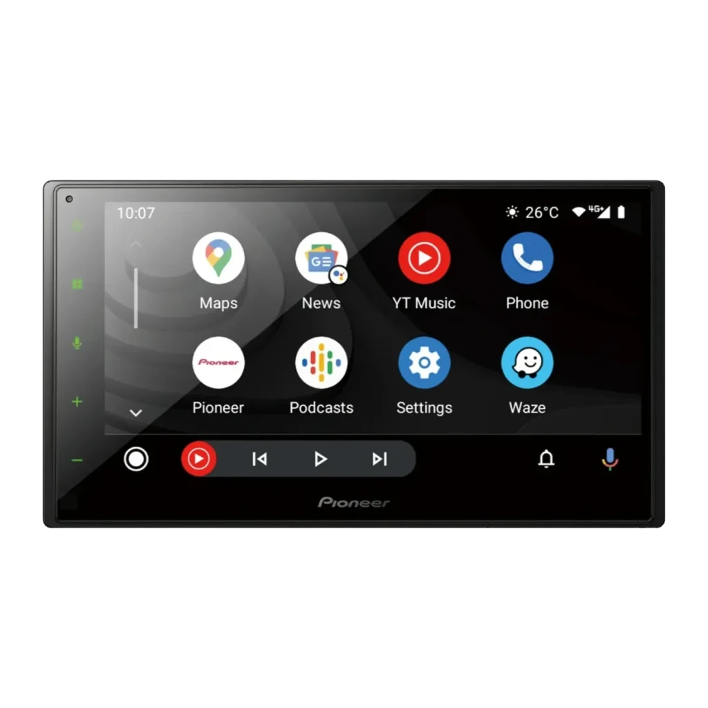 Autorádio Pioneer Preto CarPlay Android Auto DAB+ 6.8 polegadas SPH-DA360DAB, detalhe: ecrã com interface Android Auto, apps