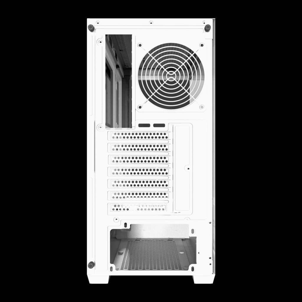 Caixa PC darkFlash Cristal Panorâmico 270° ATX Midi Tower 434x218x454mm Branco DS900W, vista traseira: ventoinha 120mm