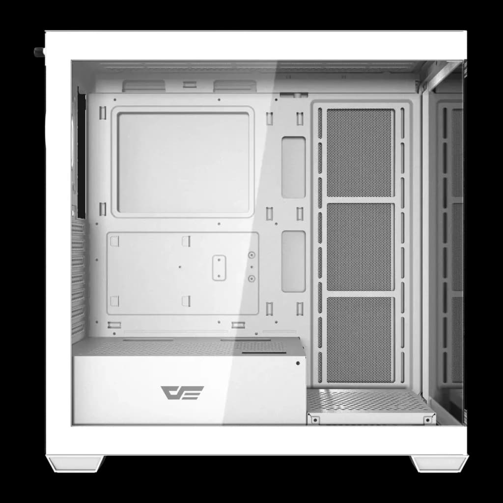 Caixa PC darkFlash Cristal Panorâmico 270° ATX Midi Tower 434x218x454mm Branco DS900W, detalhe: interior com bandeja