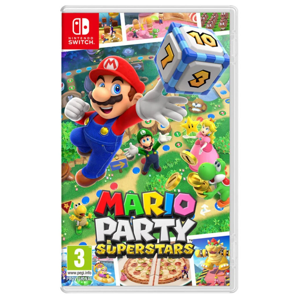 Jogo de vídeo Nintendo Mario Party Superstars para Switch - Edição Padrão, vista frontal: capa com Mario lançando dado