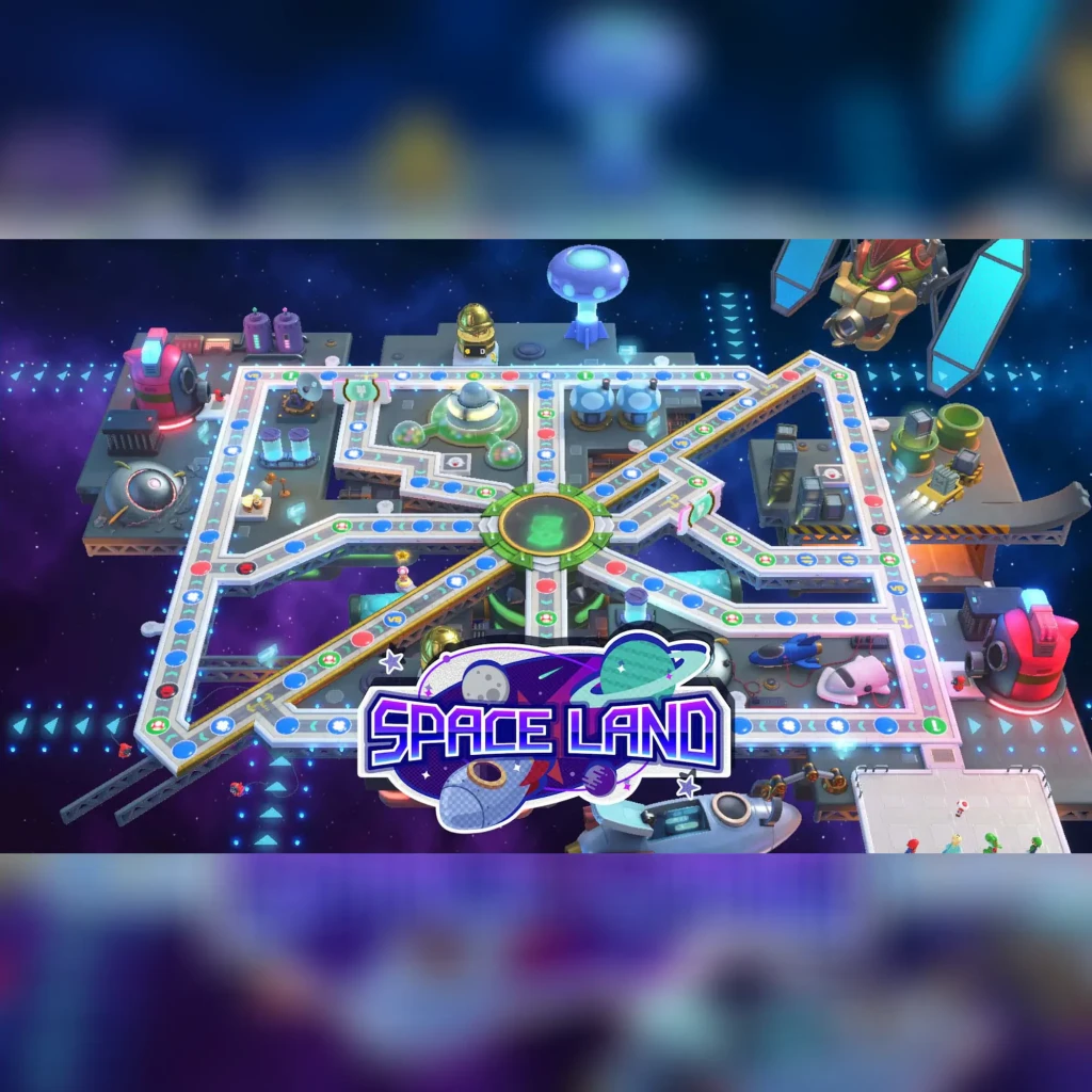 Jogo de vídeo Nintendo Mario Party Superstars para Switch - Edição Padrão, em uso: tabuleiro Space Land com casas coloridas