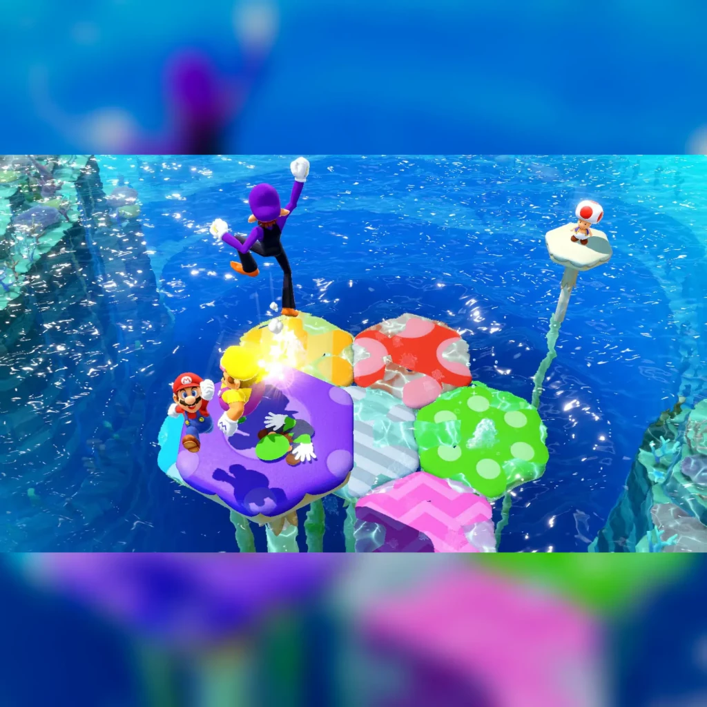 Jogo de vídeo Nintendo Mario Party Superstars para Switch - Edição Padrão, em uso: Waluigi, Mario e Yoshi em plataformas