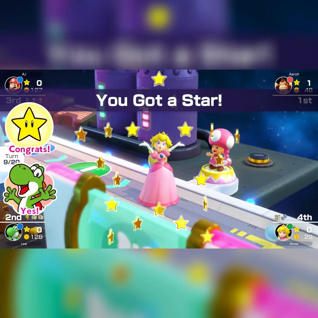 Jogo de vídeo Nintendo Mario Party Superstars para Switch - Edição Padrão, em uso: ecrã com Peach a ganhar estrela