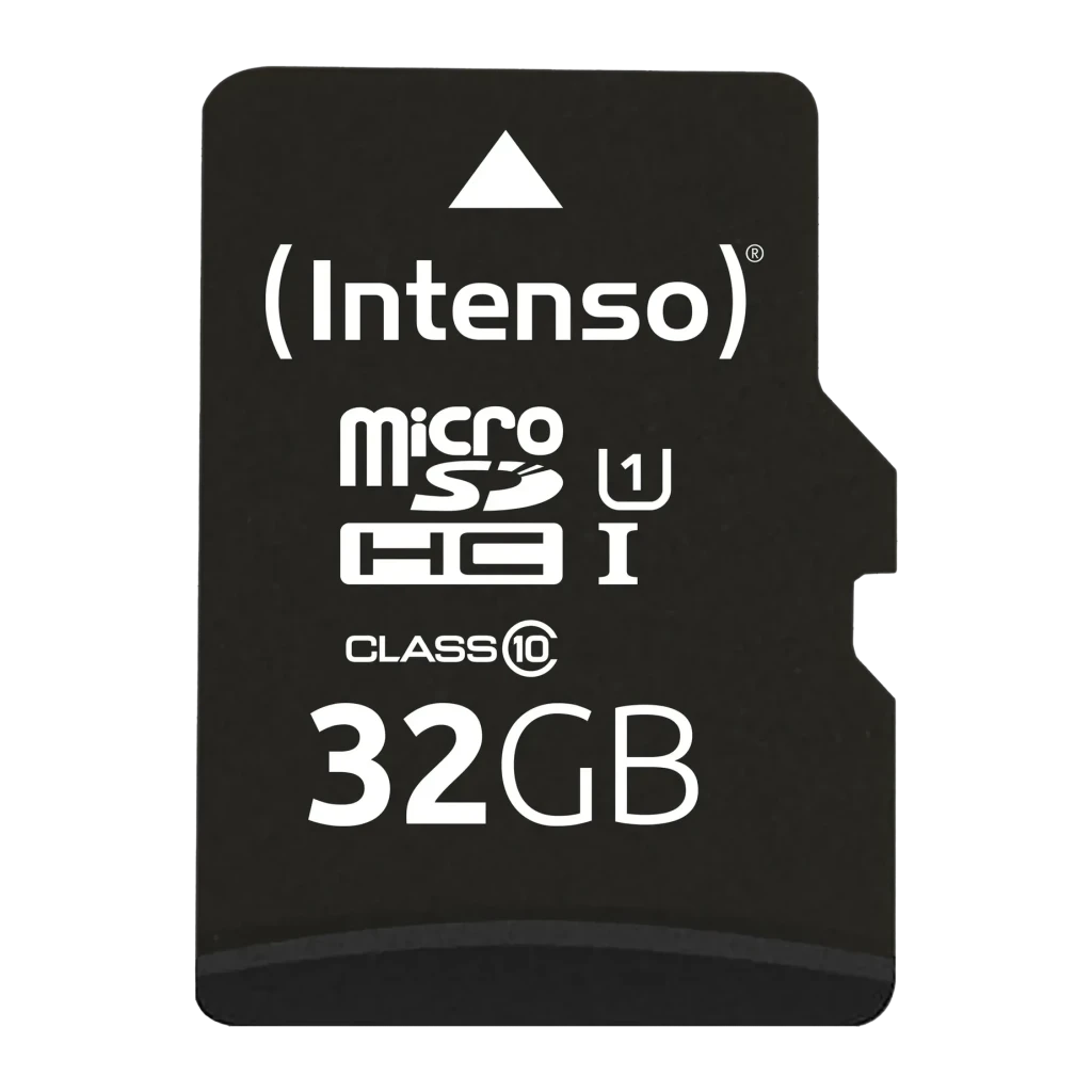 Tarjeta MicroSD Intenso MicroSDHC UHS-I 32GB Premium 90MB/s, vista frontal: cara negra con logo Intenso, iconos microSDHC