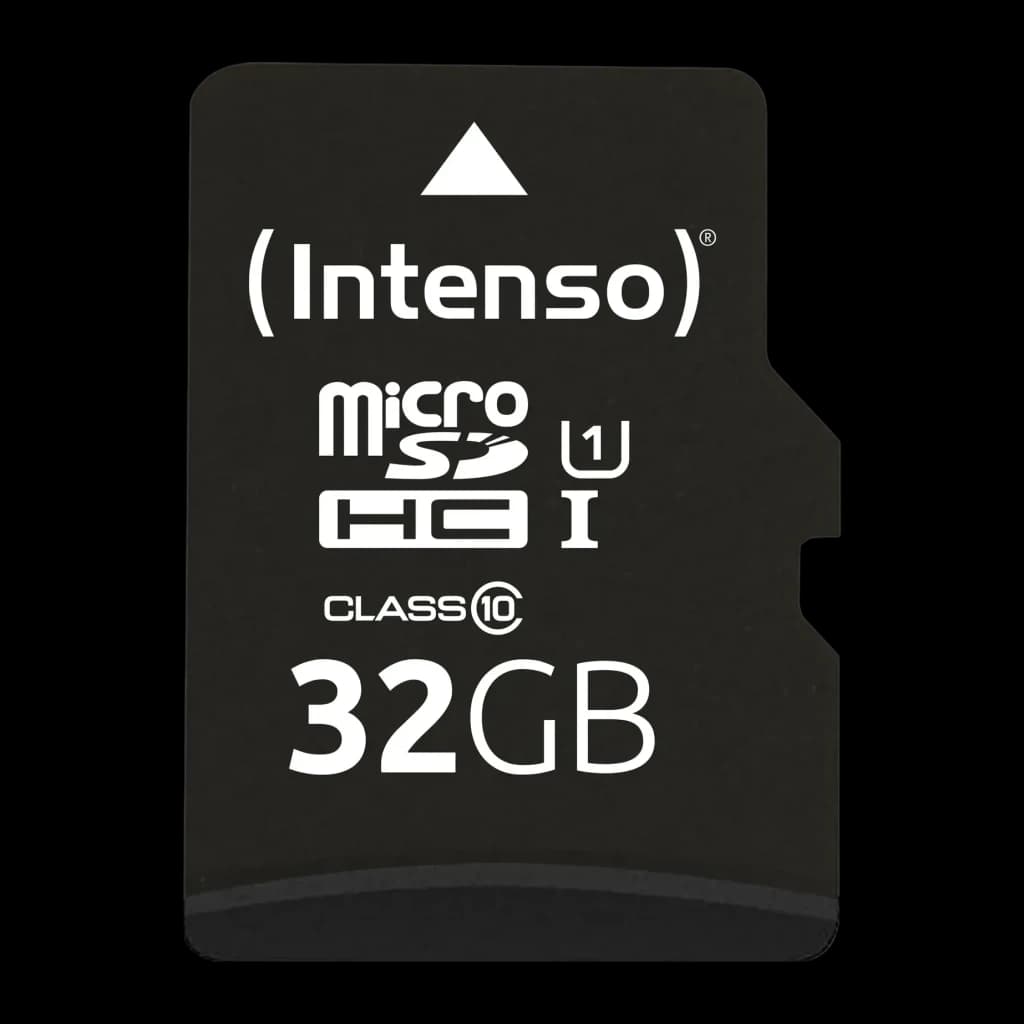Tarjeta MicroSD Intenso MicroSDHC UHS-I 32GB Premium 90MB/s, vista frontal: cara negra con logo Intenso, iconos microSDHC