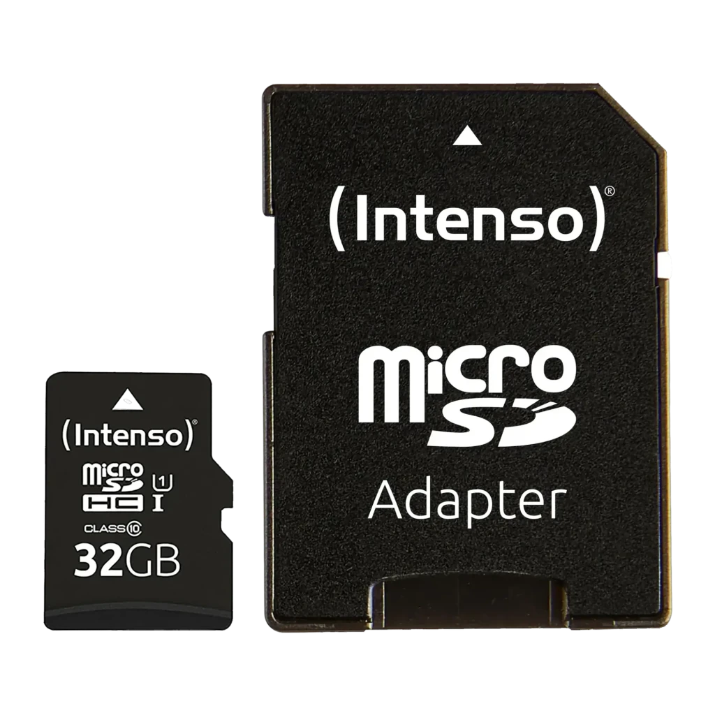 Tarjeta MicroSD Intenso MicroSDHC UHS-I 32GB Premium 90MB/s, detalle: tarjeta microSD negra junto a adaptador SD negro