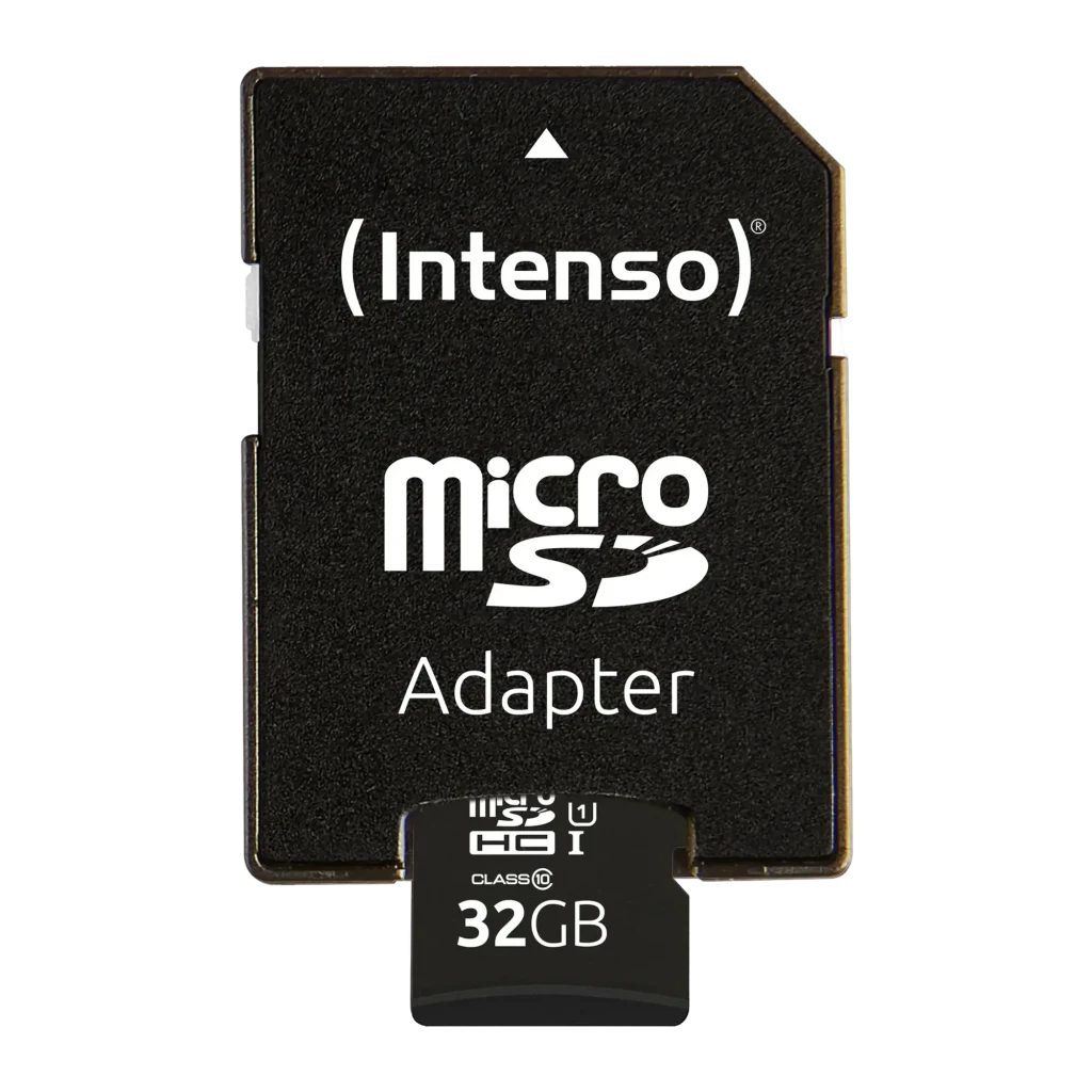 Tarjeta MicroSD Intenso MicroSDHC UHS-I 32GB Premium 90MB/s, detalle: adaptador SD negro con logo y microSD 32GB extraída
