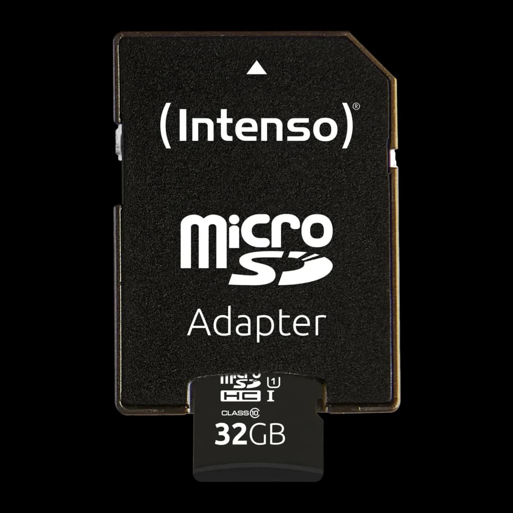 Tarjeta MicroSD Intenso MicroSDHC UHS-I 32GB Premium 90MB/s, detalle: adaptador SD negro con logo y microSD 32GB extraída