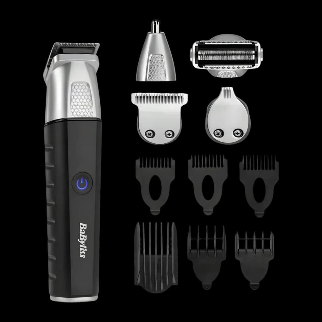 Máquina de Cortar Cabelo Multifunções BaByliss 11 em 1 Sem Fio 240min Preta MT812E, vista frontal: corpo preto com botão