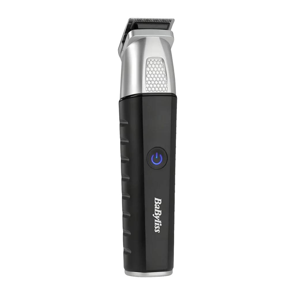 Máquina de Cortar Cabelo Multifunções BaByliss 11 em 1 Sem Fio 240min Preta MT812E, detalhe: vista lateral com botão azul