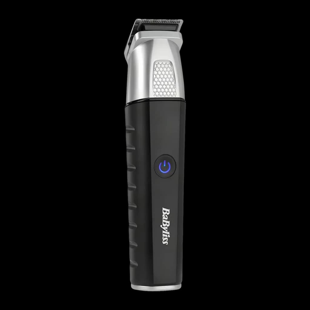 Máquina de Cortar Cabelo Multifunções BaByliss 11 em 1 Sem Fio 240min Preta MT812E, detalhe: vista lateral com botão azul
