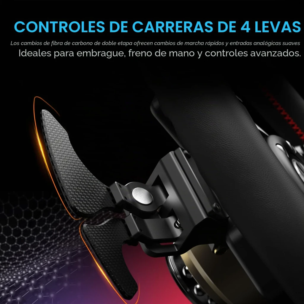 Volant gaming PXN WCS R2 PC Noir, détail palettes: 4 palettes en fibre de carbone texturées avec mécanisme métallique