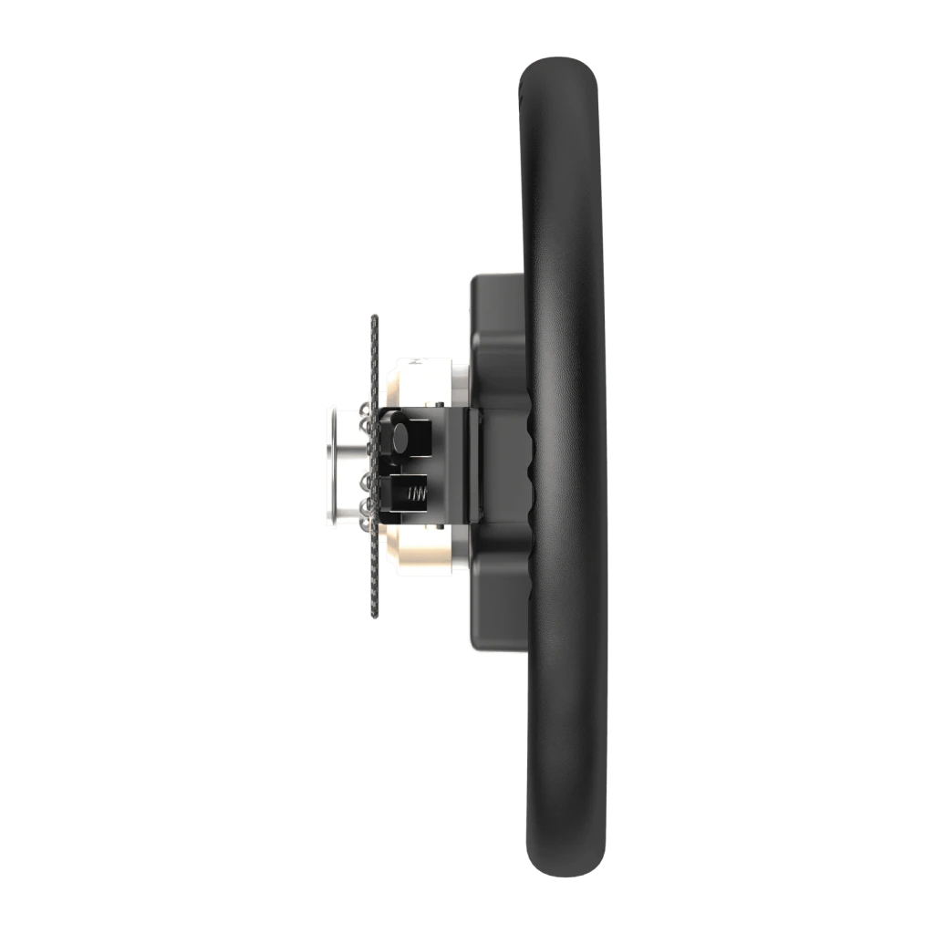 Volant gaming PXN WCS R2 PC Noir, détail latéral: mécanisme de connexion central et profil du cerceau noir