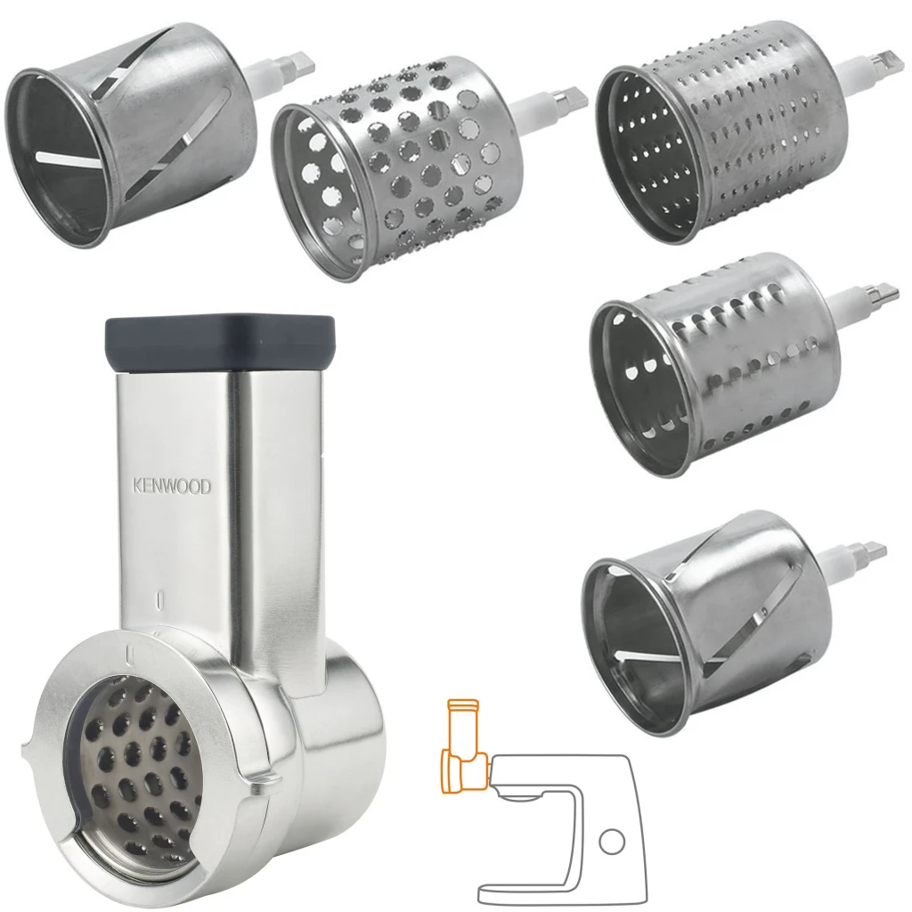 Découpeur Rotatif Kenwood KAX643 Argent, accessoires: corps principal et 5 tambours râpeurs interchangeables en acier