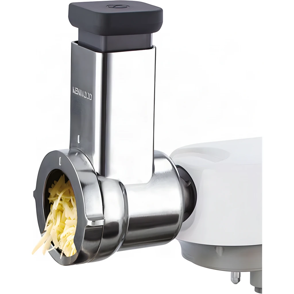 Découpeur Rotatif Kenwood KAX643 Argent, en utilisation: accessoire râpant du fromage monté sur robot blanc