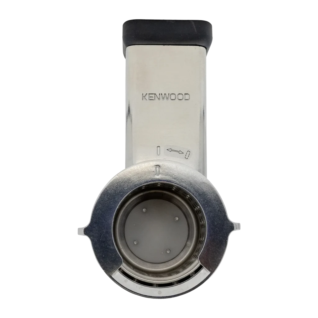 Découpeur Rotatif Kenwood KAX643 Argent, détail supérieur: corps argenté avec logo, disque rotatif circulaire et connecteur