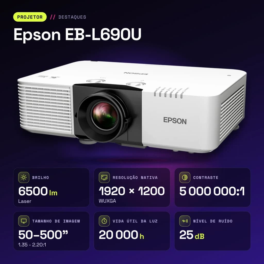 Projetor Epson Laser WUXGA 1920x1200 6500 lúmens ANSI 3LCD Branco EB-L690U - características