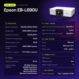 Projetor Epson Laser WUXGA 1920x1200 6500 lúmens ANSI 3LCD Branco EB-L690U - características