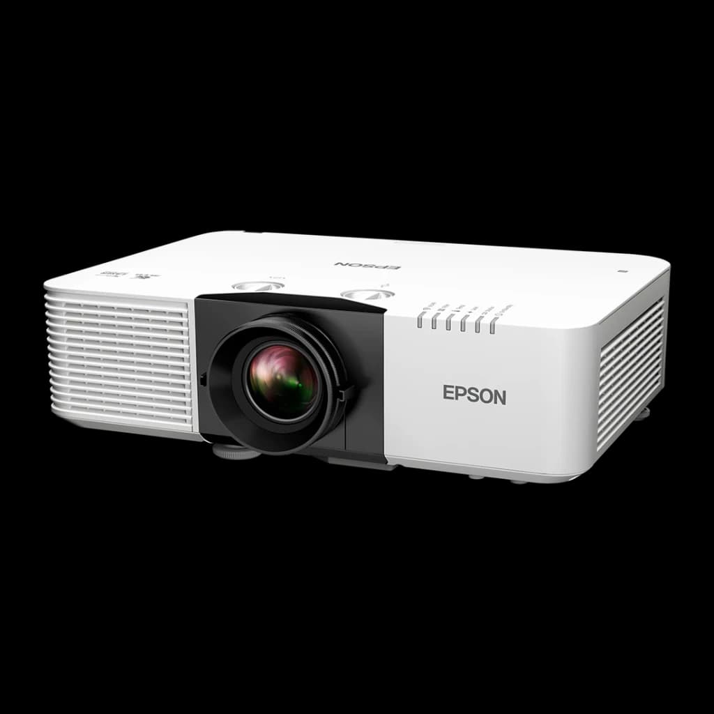 Projetor Epson Laser WUXGA 1920x1200 6500 lúmens ANSI 3LCD Branco EB-L690U, vista frontal: objetiva preta e grelha lateral