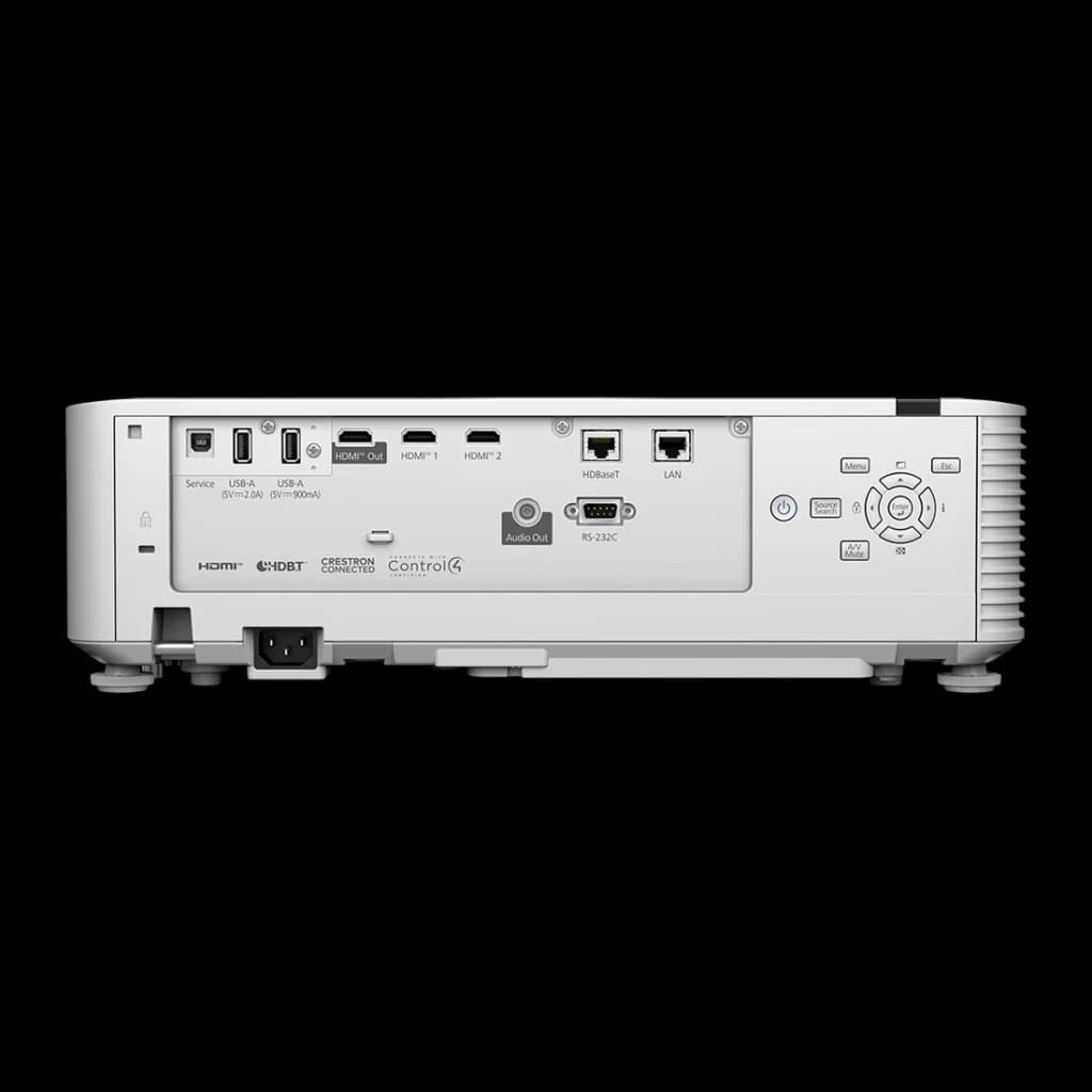 Projetor Epson Laser WUXGA 1920x1200 6500 lúmens ANSI 3LCD Branco EB-L690U, vista traseira: portas HDMI, USB, LAN, HDBaseT